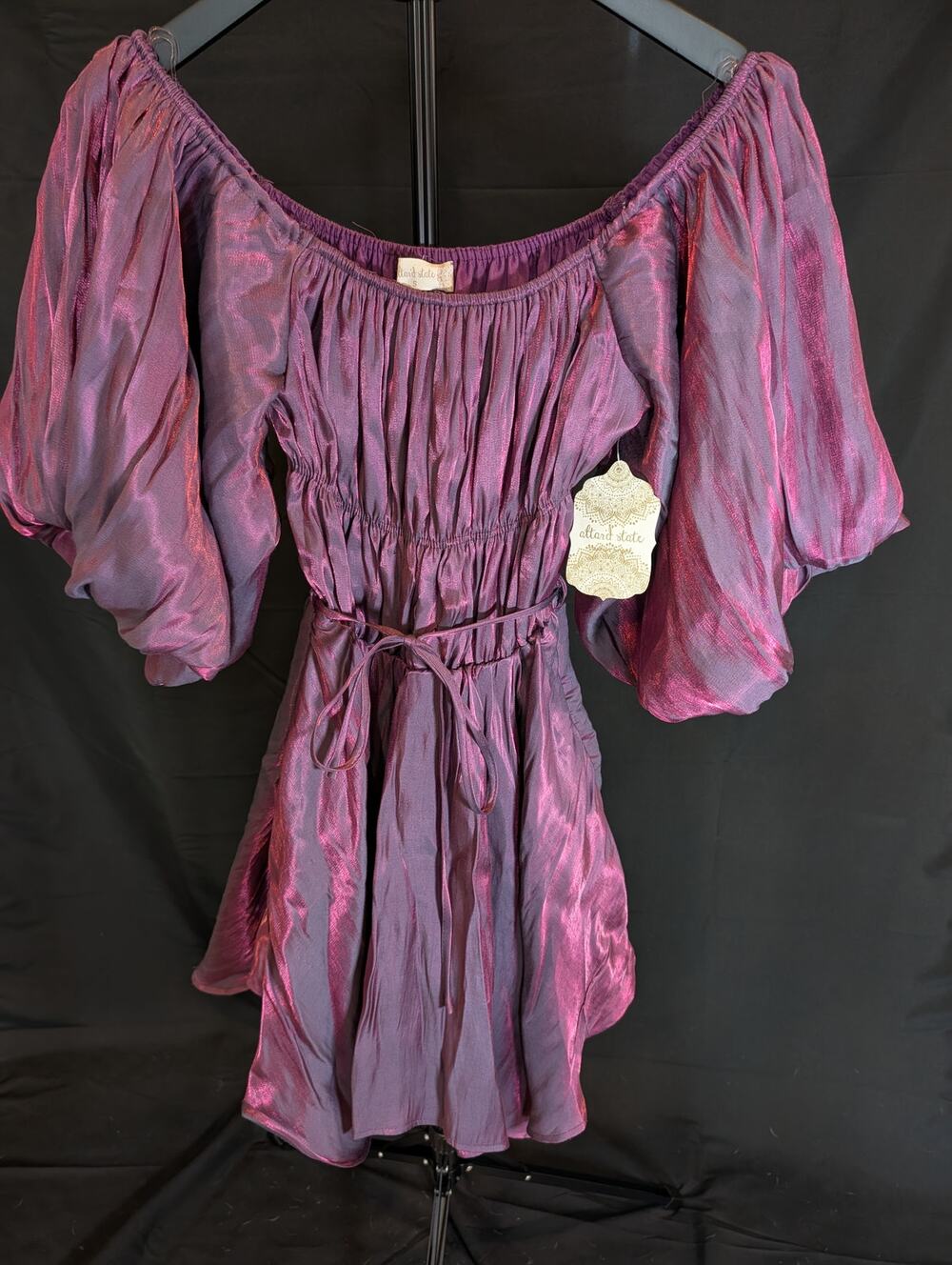 Altar'd State Plum Metallic Puff Sleeve Smocked Mini Dress S NWT Cottagecore